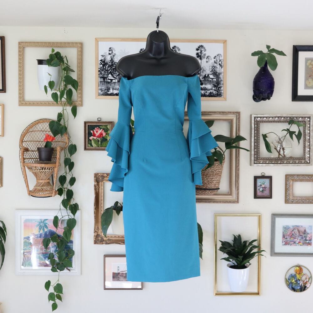 Milly Blue Selena Off the Shoulders Ruffle Bell Sleeves Midi Dress Size 0